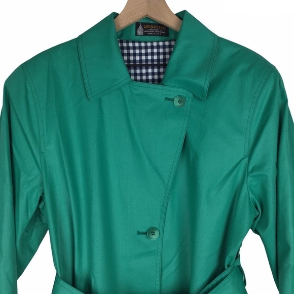 LONDON FOG Trench Coat Classic Gingham Lining Green Navy Petite Plus Size 14P - Picture 2 of 10